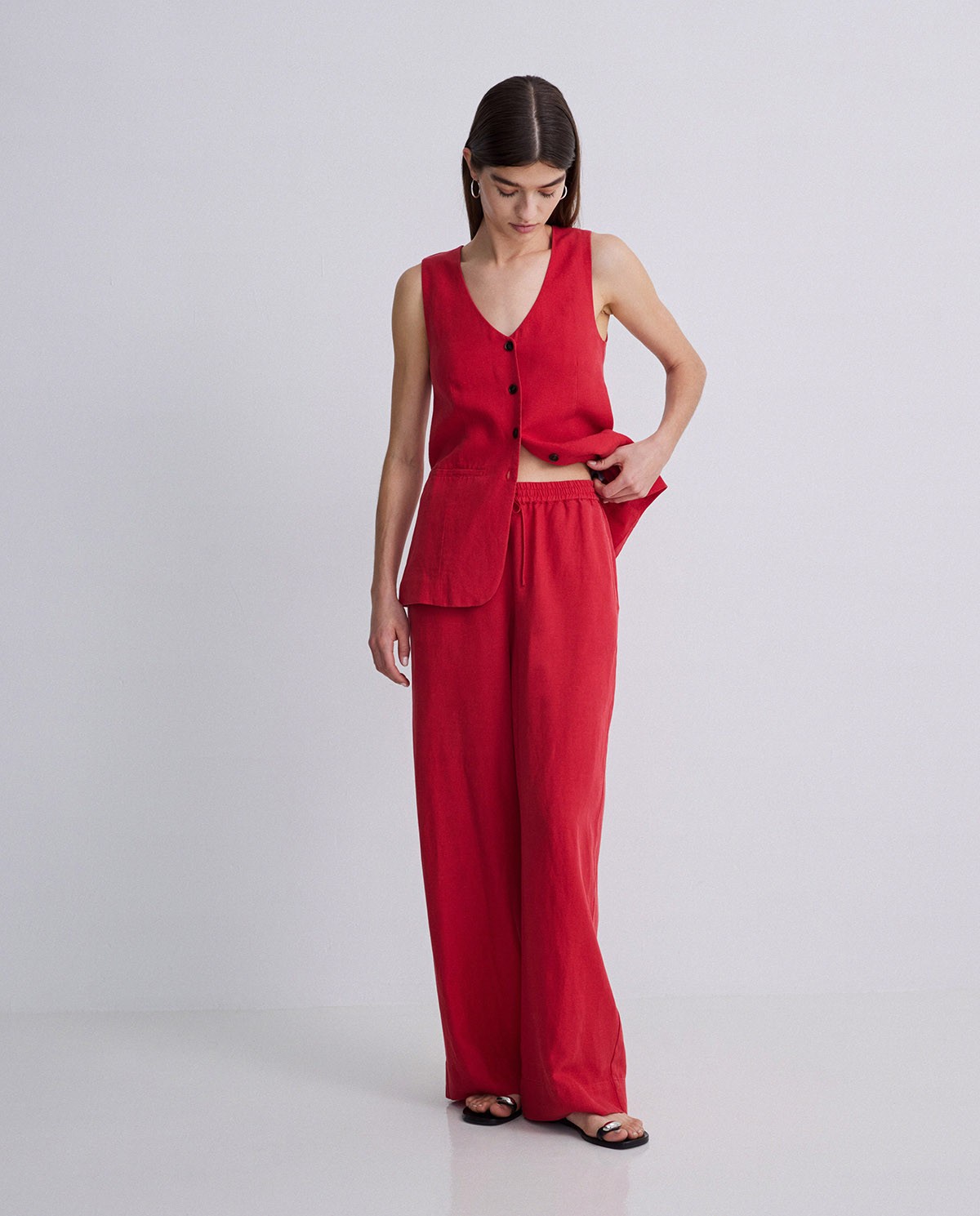 Pantalones mezcla lino wide leg rojo