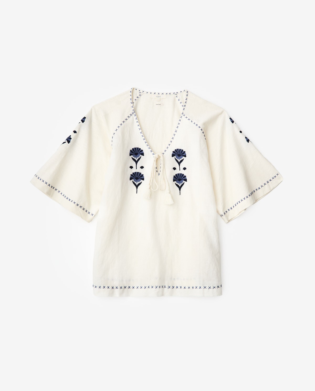 Blusa lino y algodón bordados florales crudo