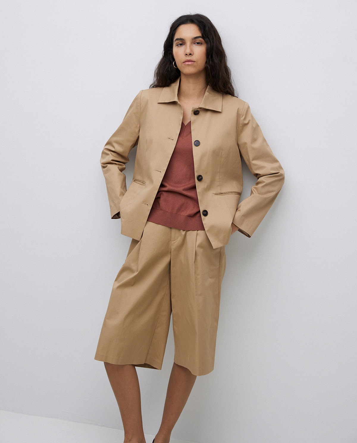 Chaqueta tejido gabardina camel 3