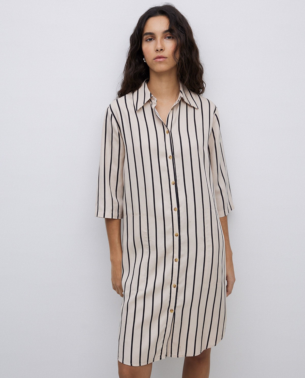 Vestido tencel cuello camisero crudo