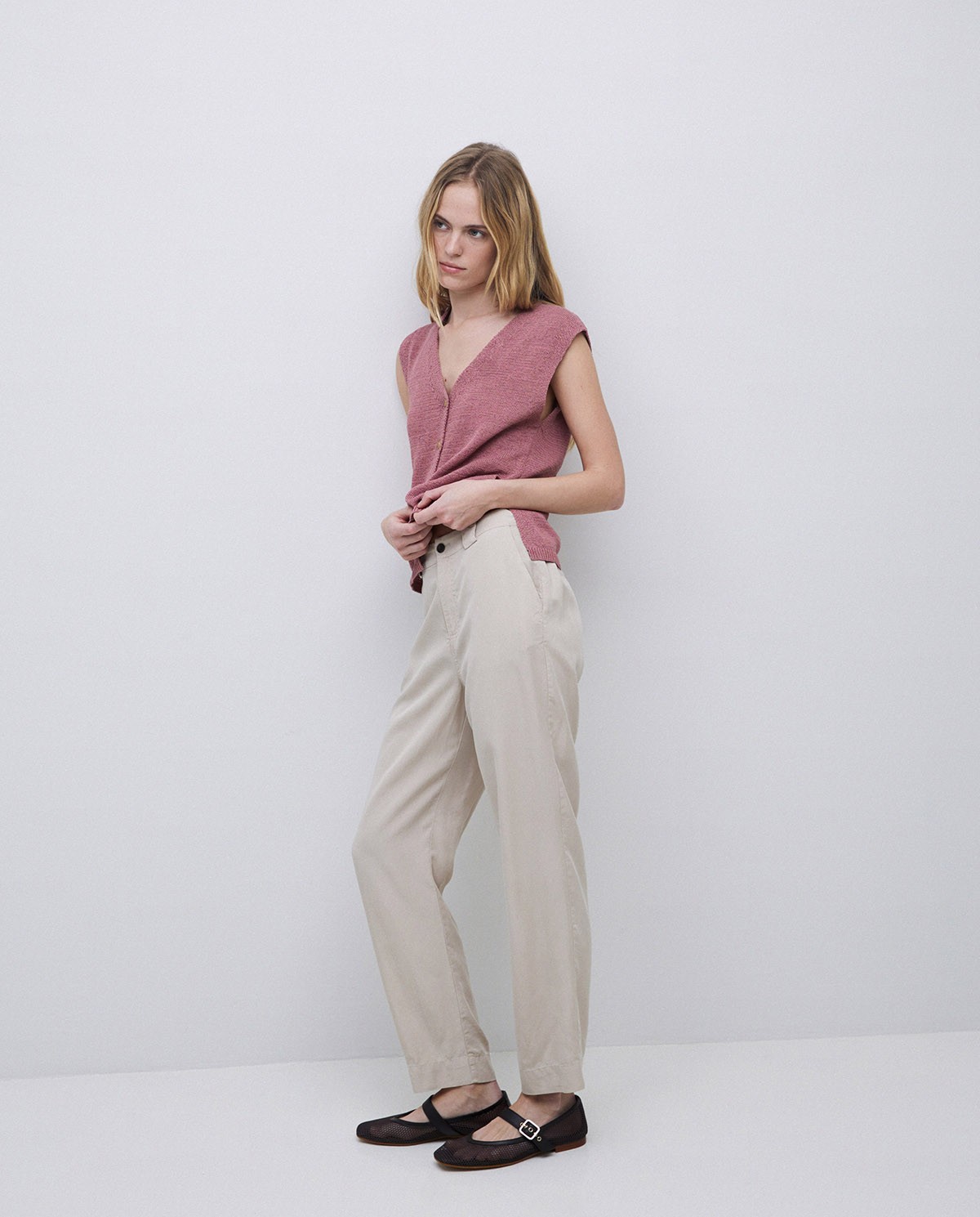Pantalon coupe droite lyocell beige