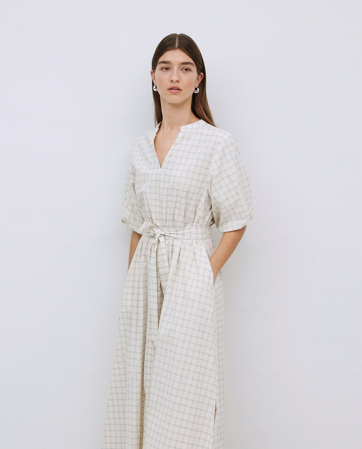 Vestido largo cuadros crudo