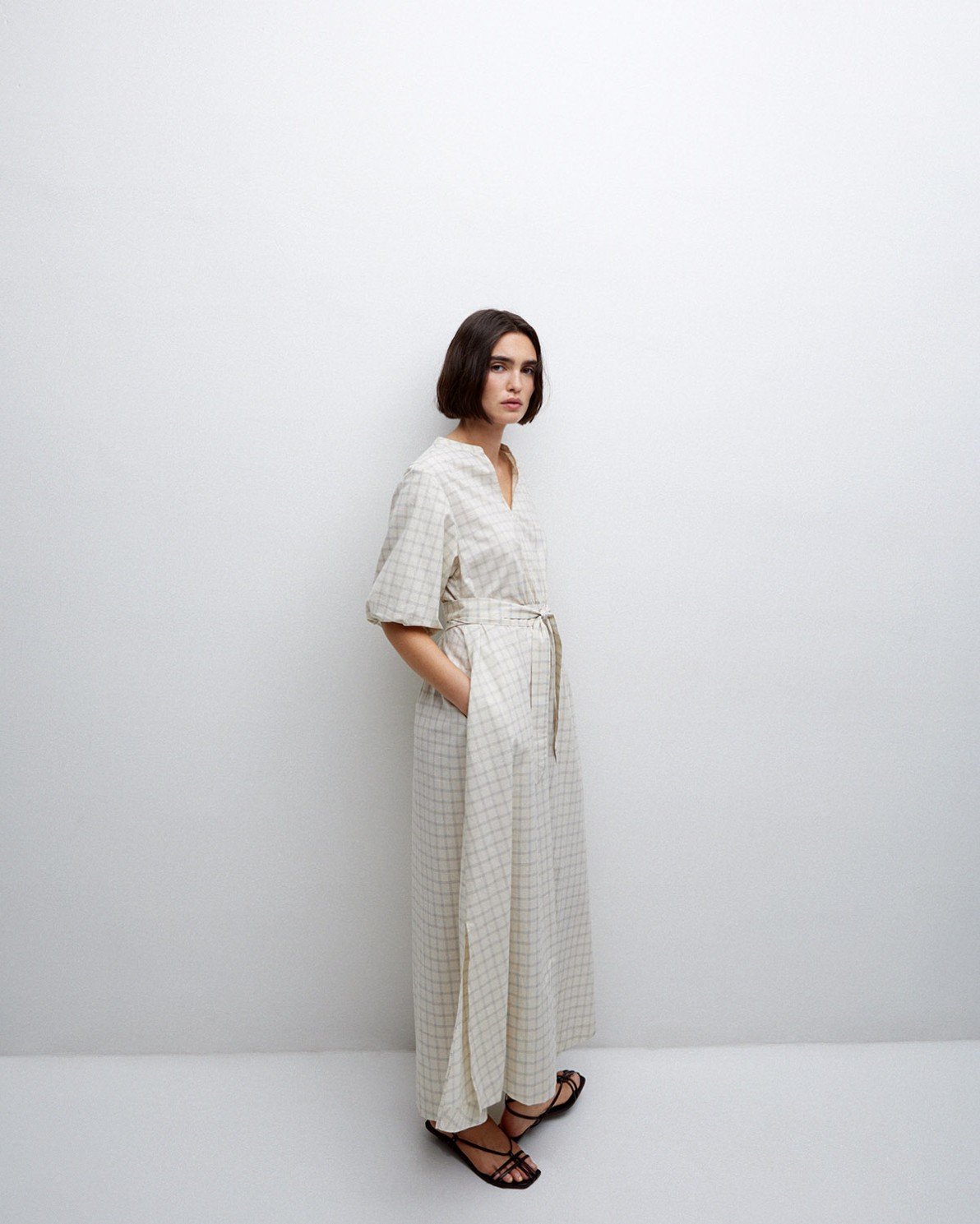 Vestido largo cuadros crudo 6