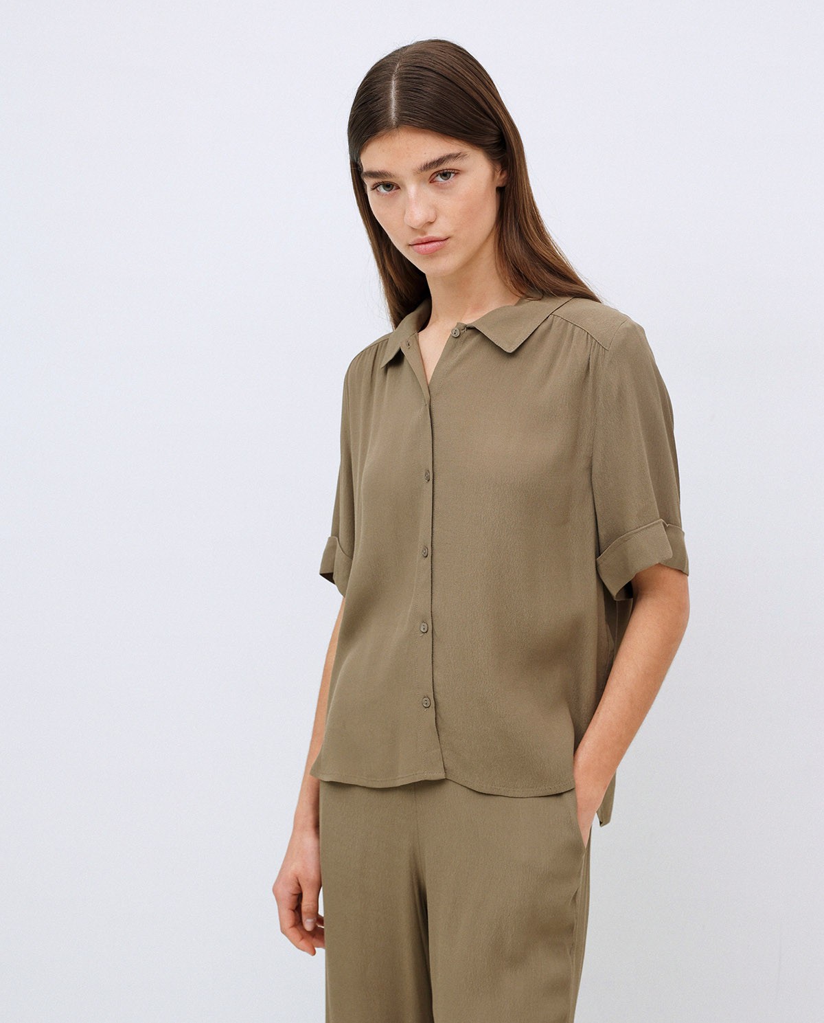 Khaki plain viscose shirt 1