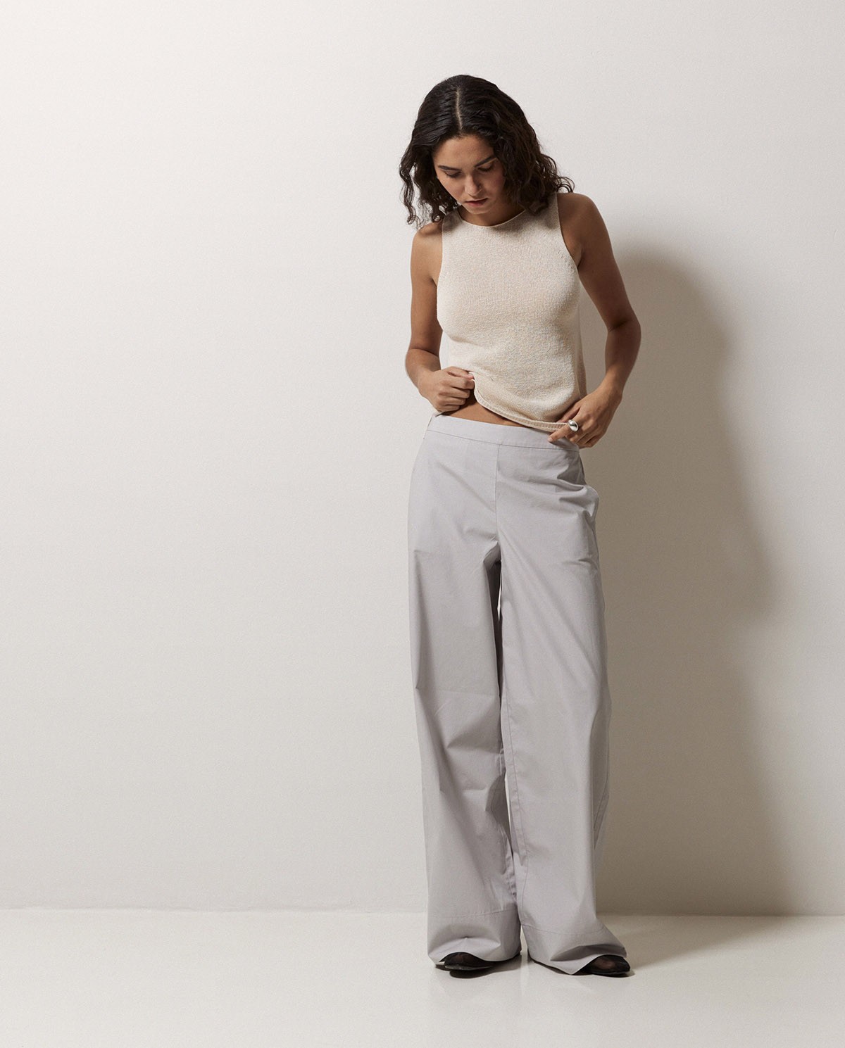 Pantalon en popeline wide leg gris 1
