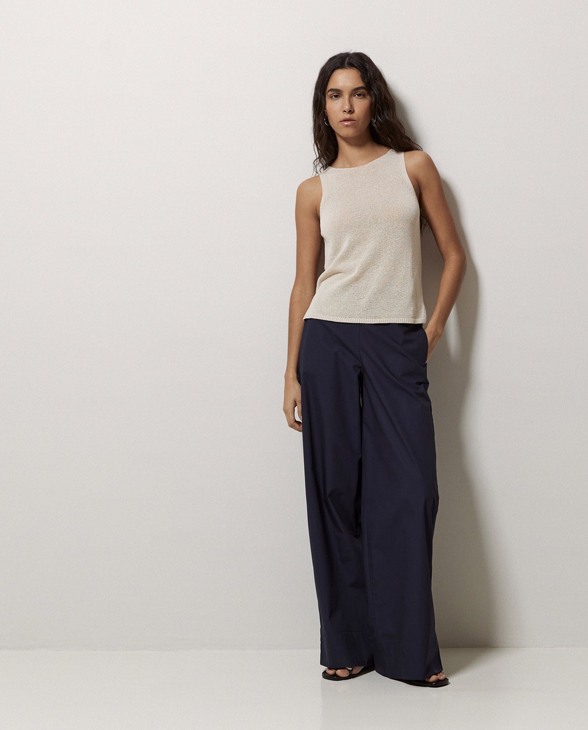 Pantalon en popeline wide leg bleu foncé 1