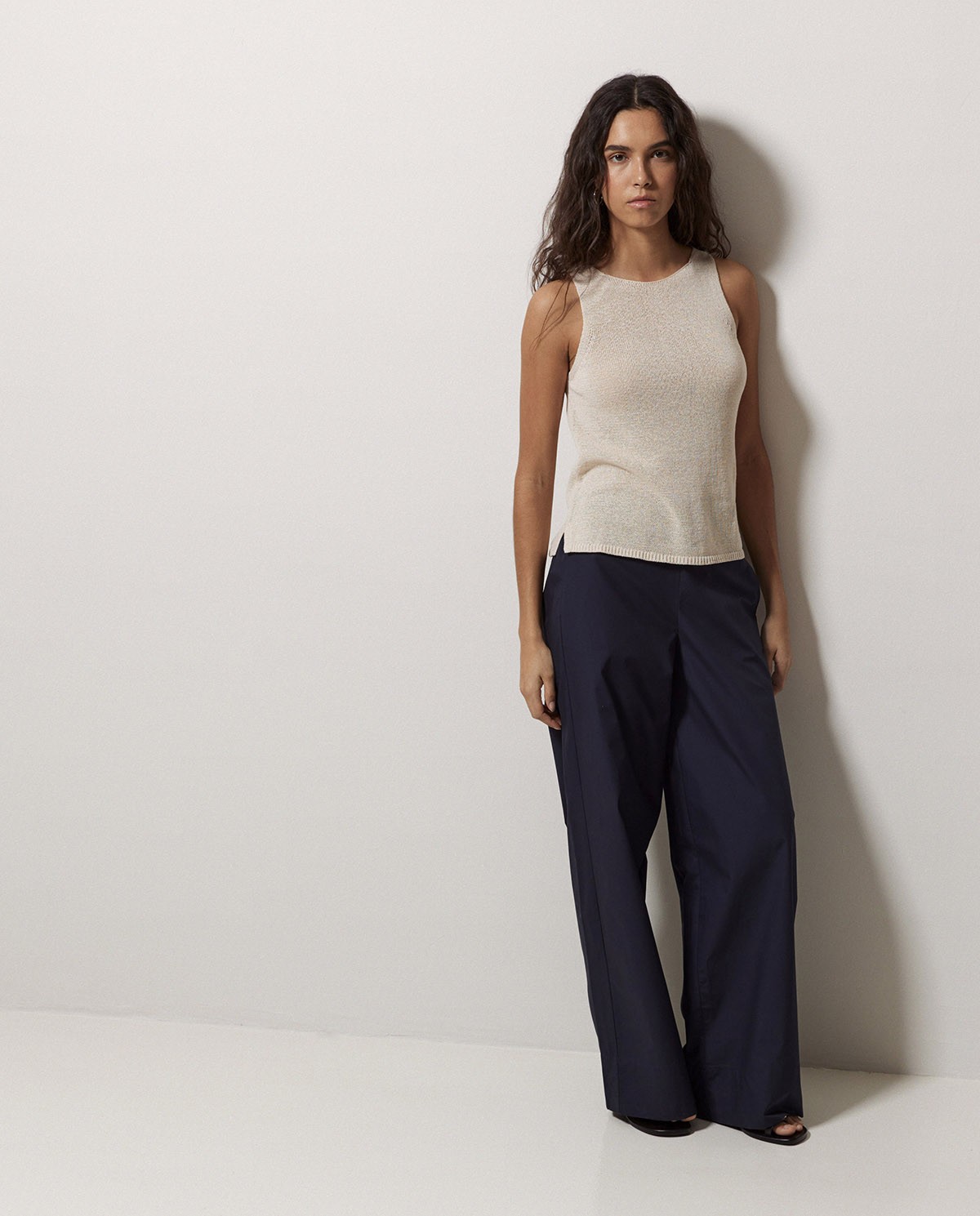 Pantalon en popeline wide leg bleu foncé 4