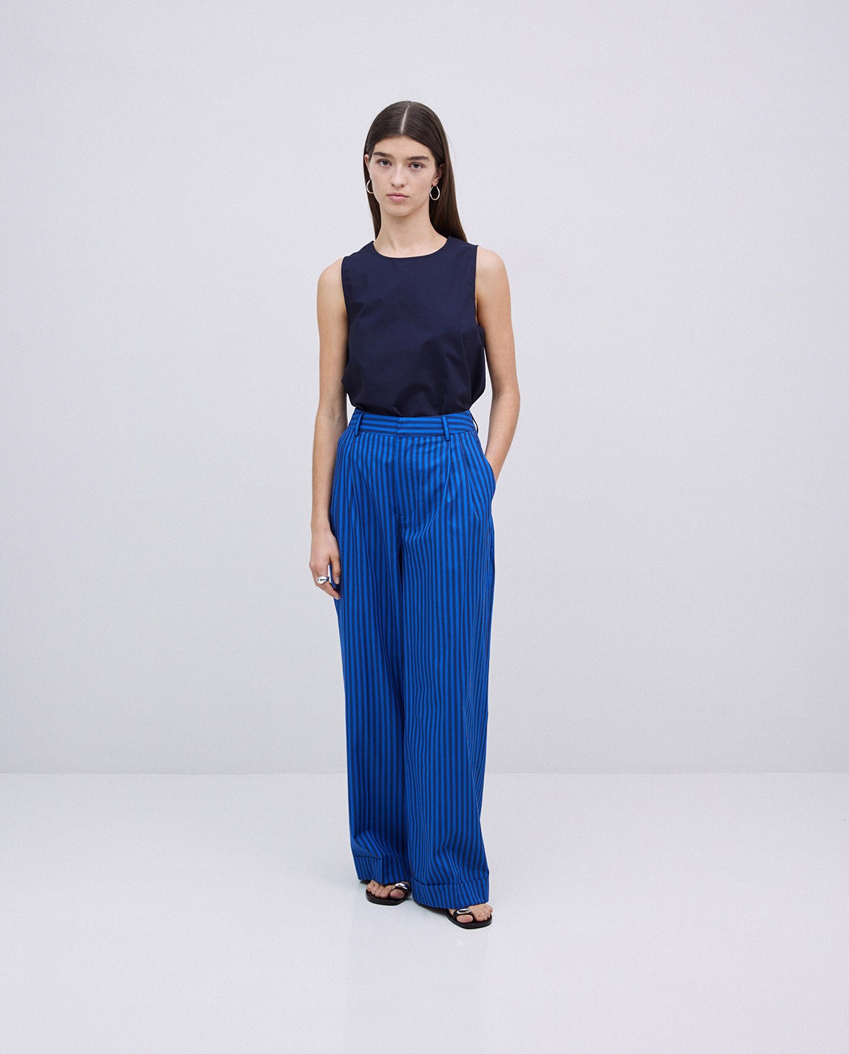 Pantalon en popeline à rayures bleu foncé - Pantalon en popeline