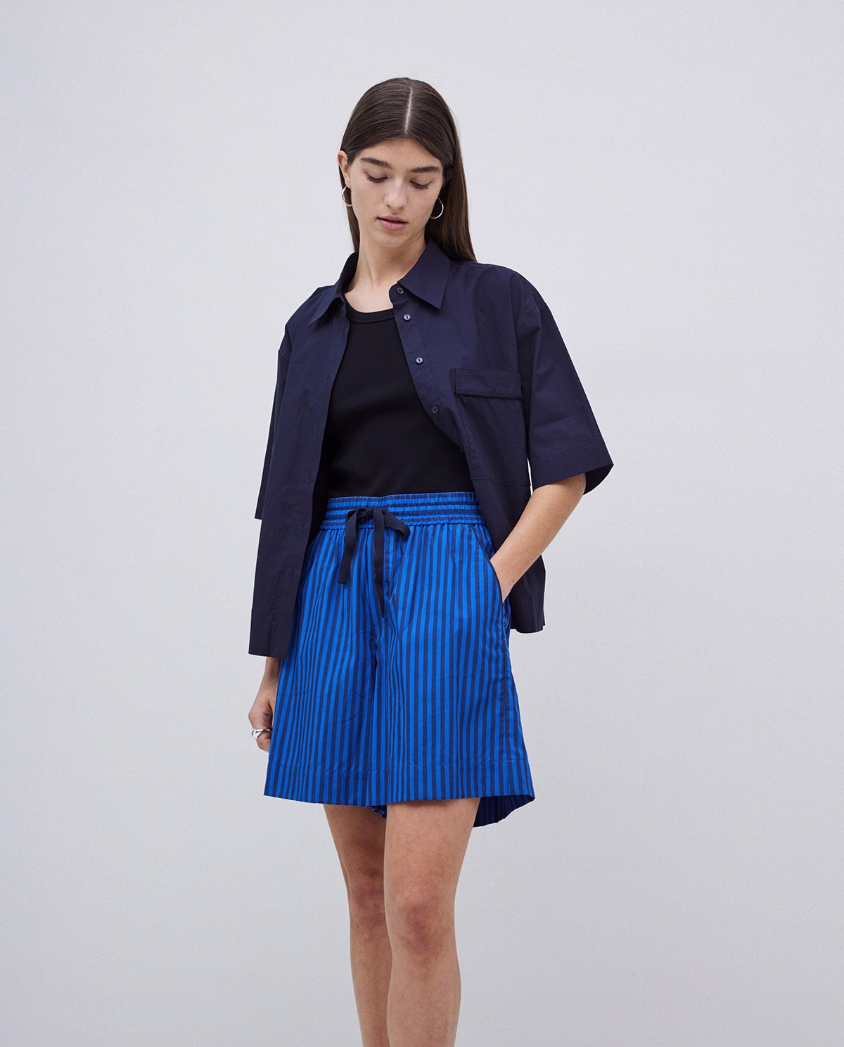 Dark blue striped poplin shorts - Striped poplin shorts