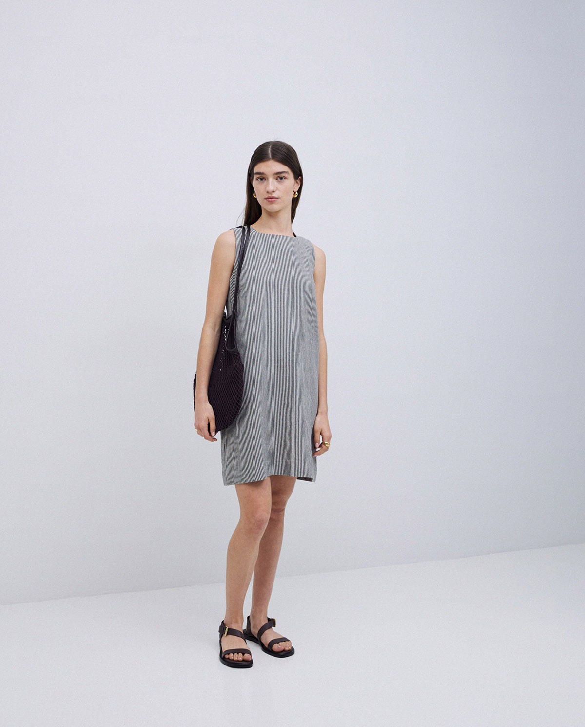 Vestido corto rayas lino y algodón azul grisáceo 1
