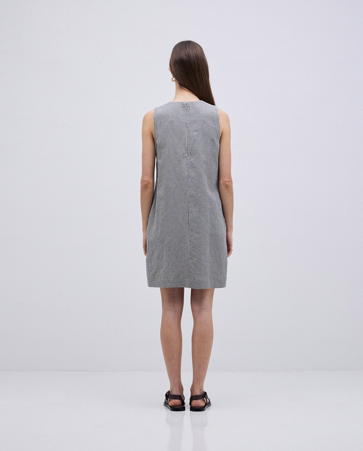 Vestido corto rayas lino y algodón azul grisáceo 5