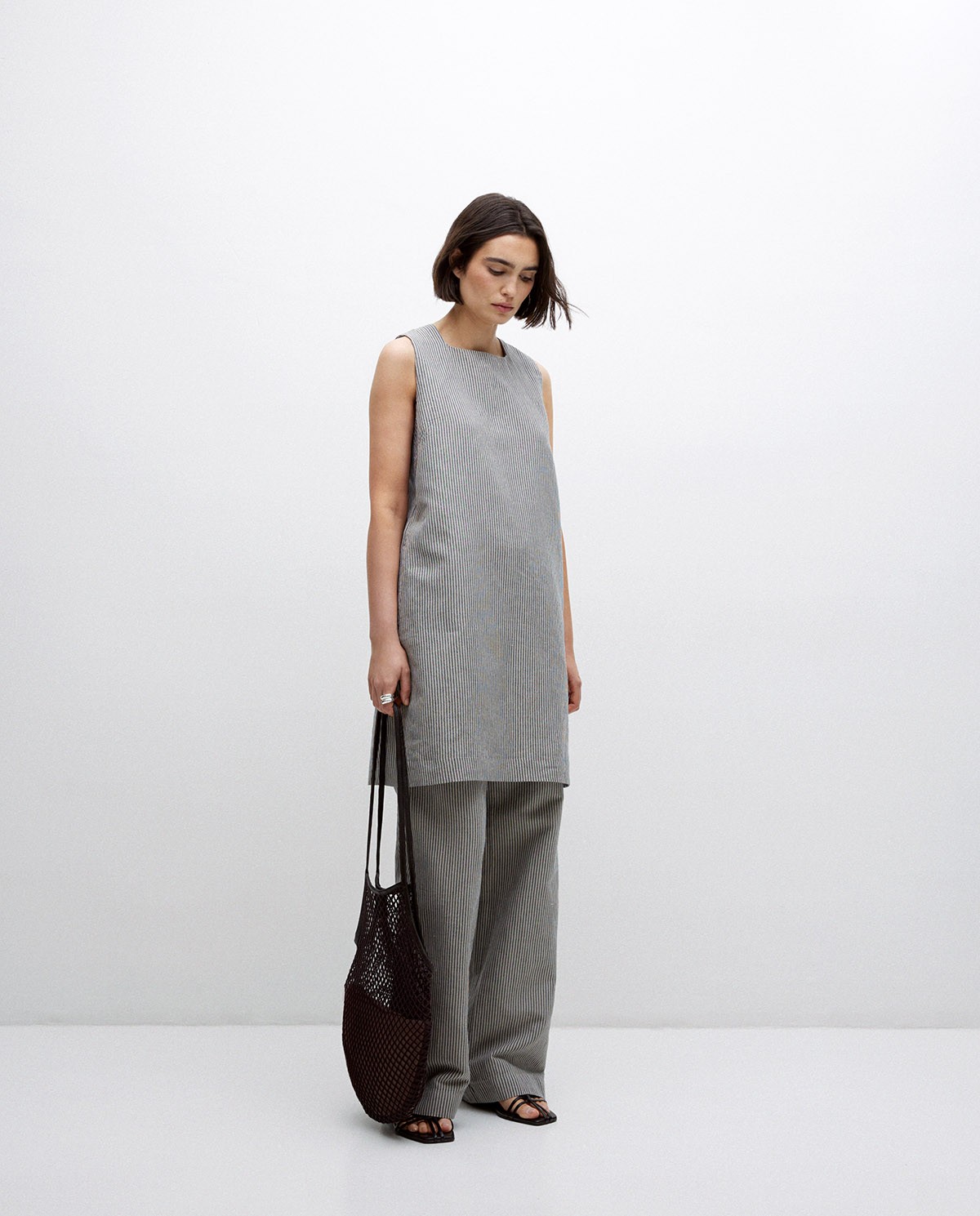 Blue-grey short striped dress made of linen and cotton 6