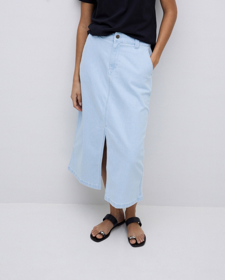 Indigo blue denim midi skirt