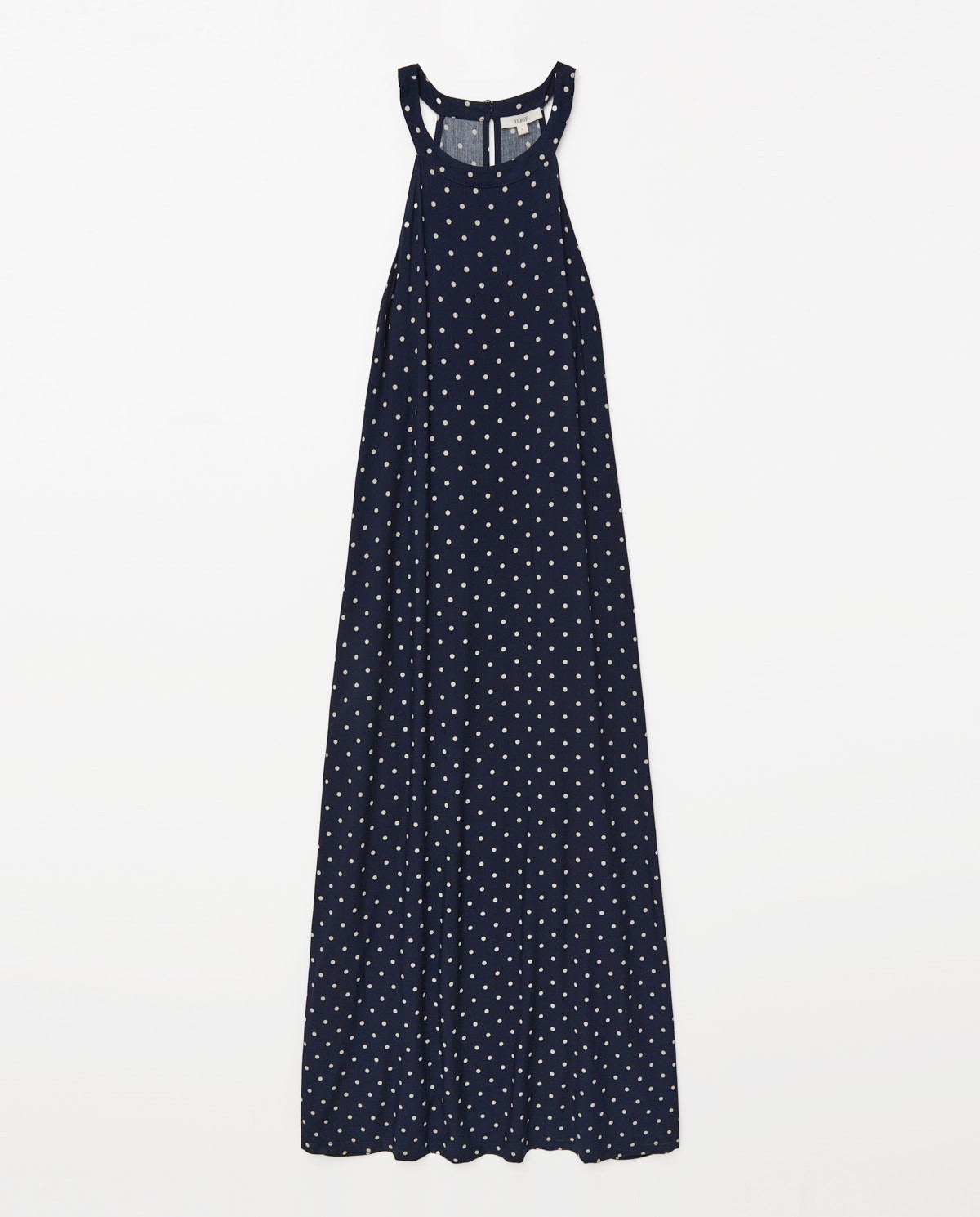 Vestido largo cuello halter lunares azul oscuro 4