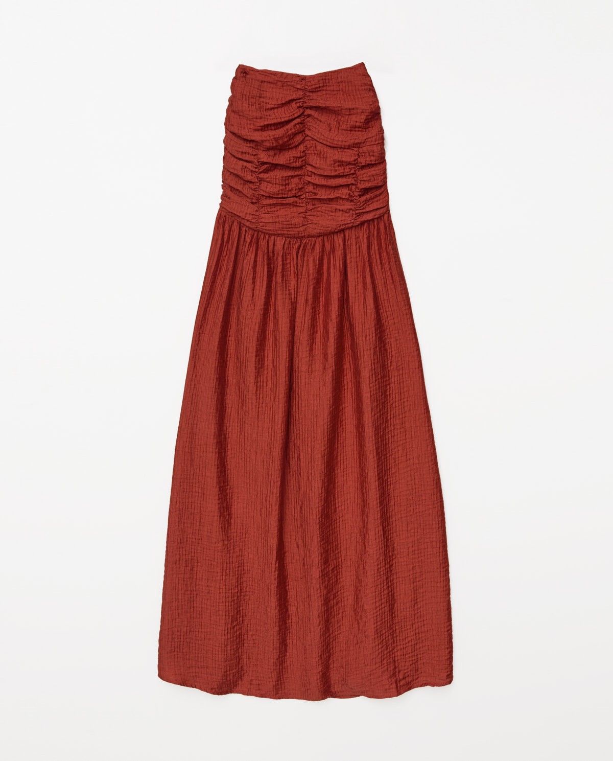 Vestido largo drapeado terracota 6