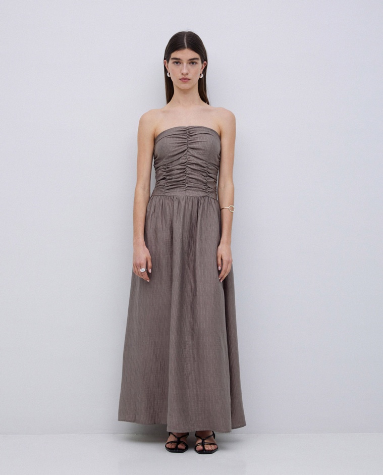 Vestido largo drapeado caqui - Vestido largo