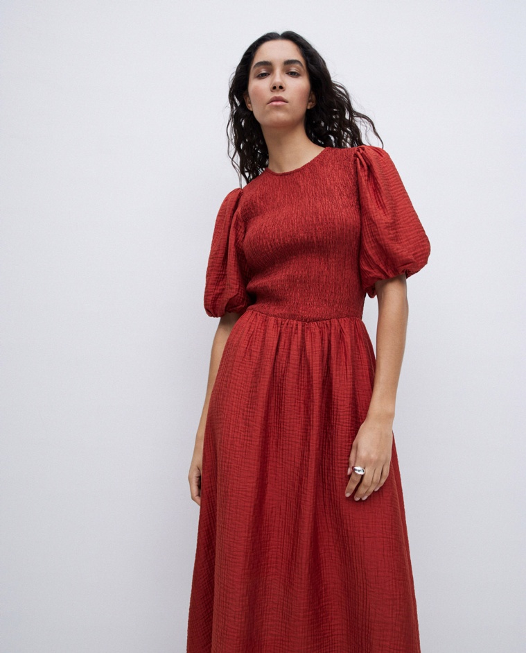 Vestido largo manga abullonada terracota