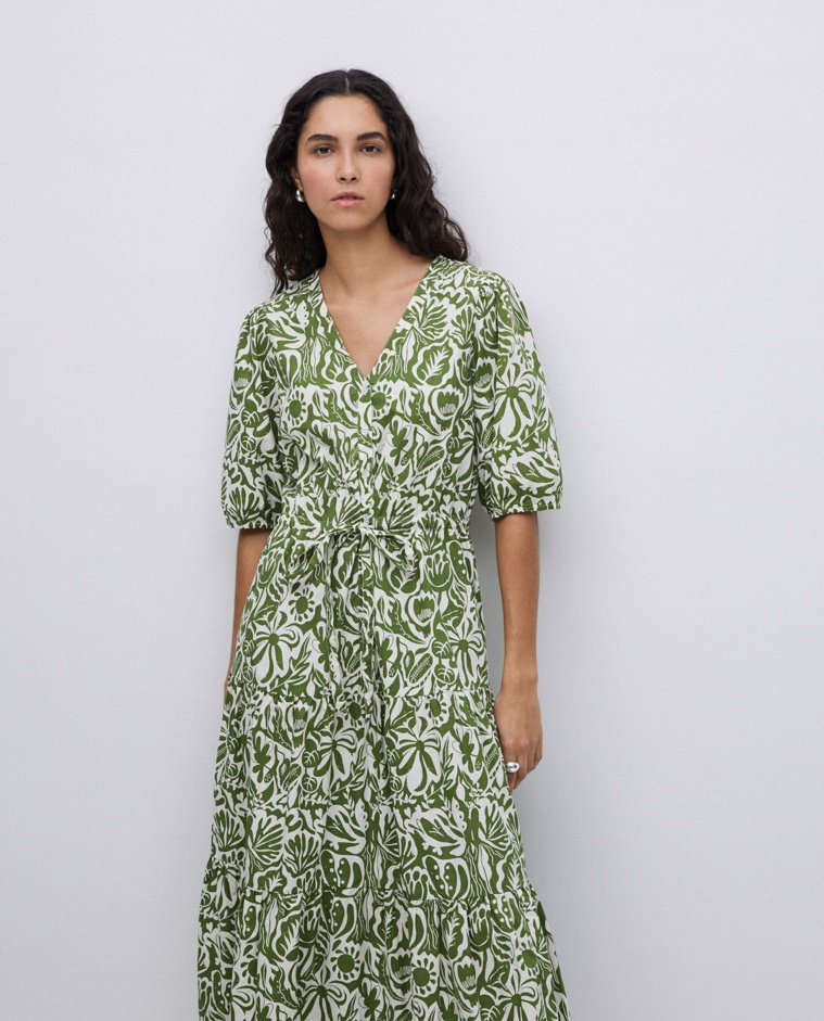 Vestido largo manga abullonada verde - Vestido largo estampado floral