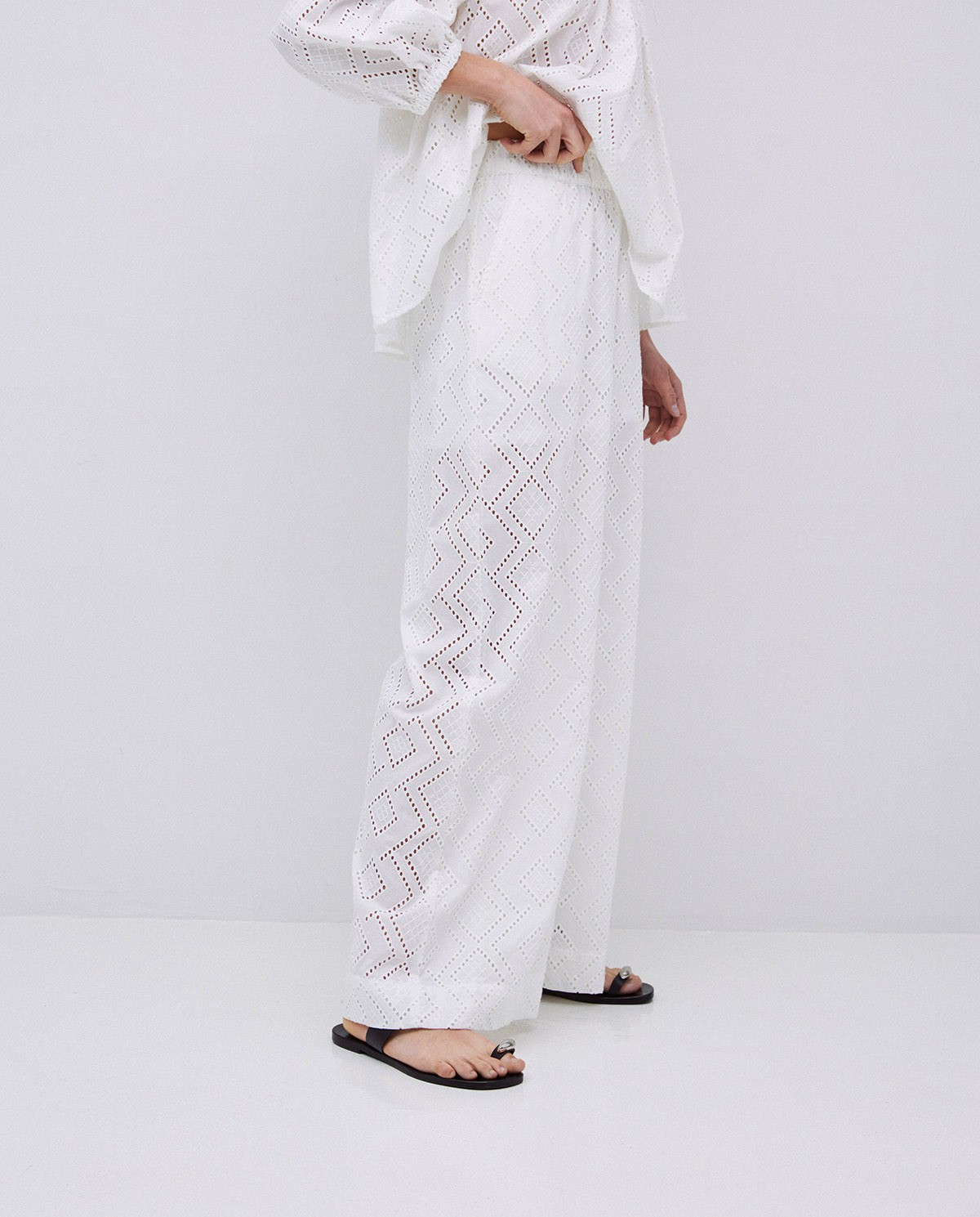 Pantalons wide leg brodat blanc 1