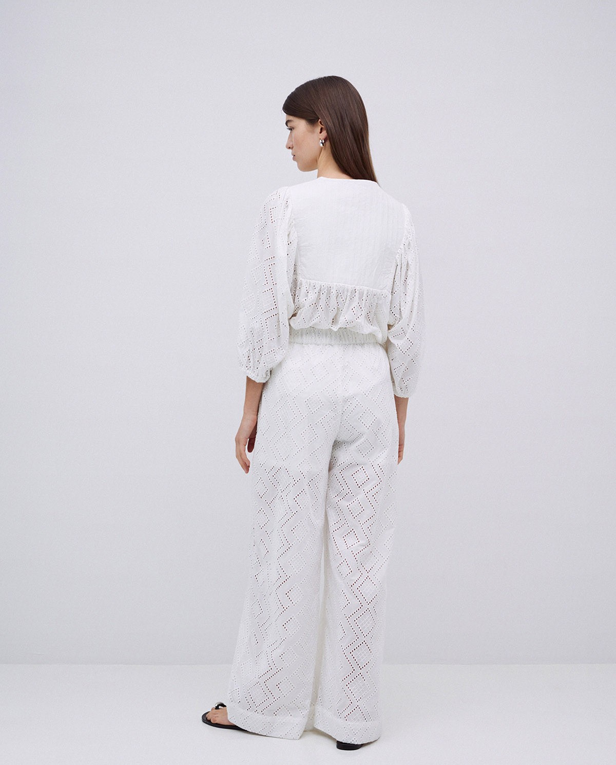 Pantalons wide leg brodat blanc 3