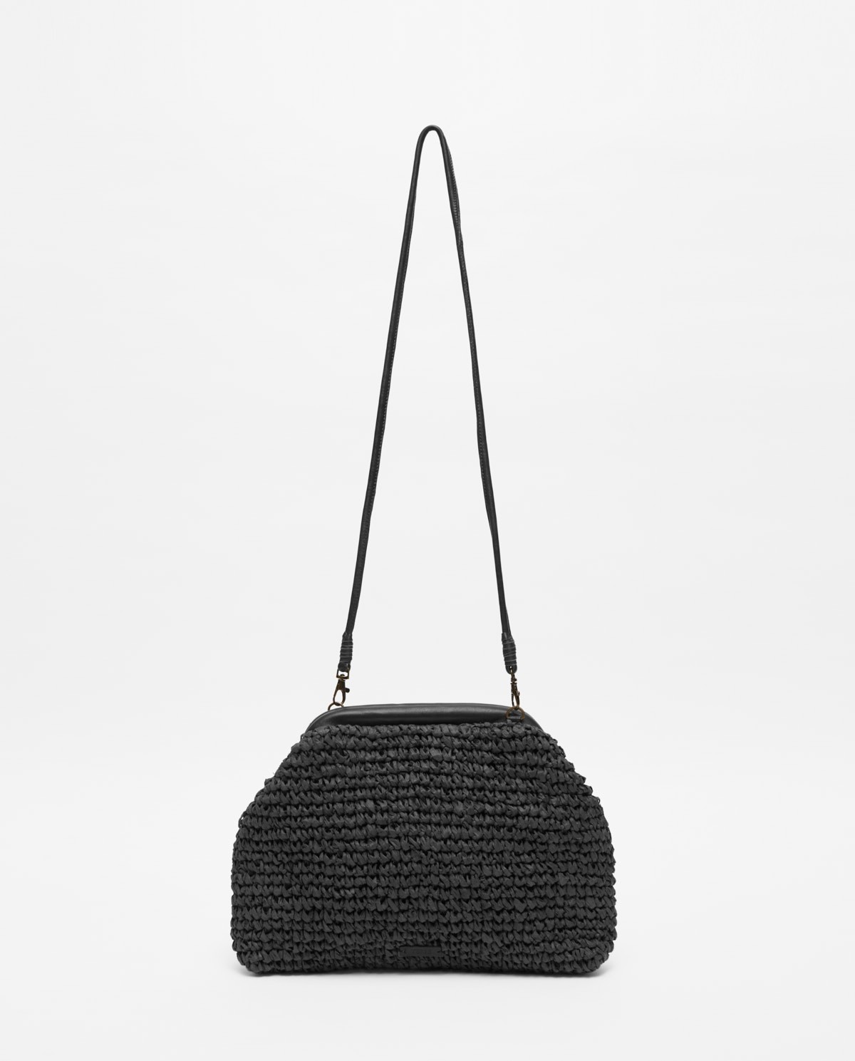 Black handmade raffia and leather bag 1