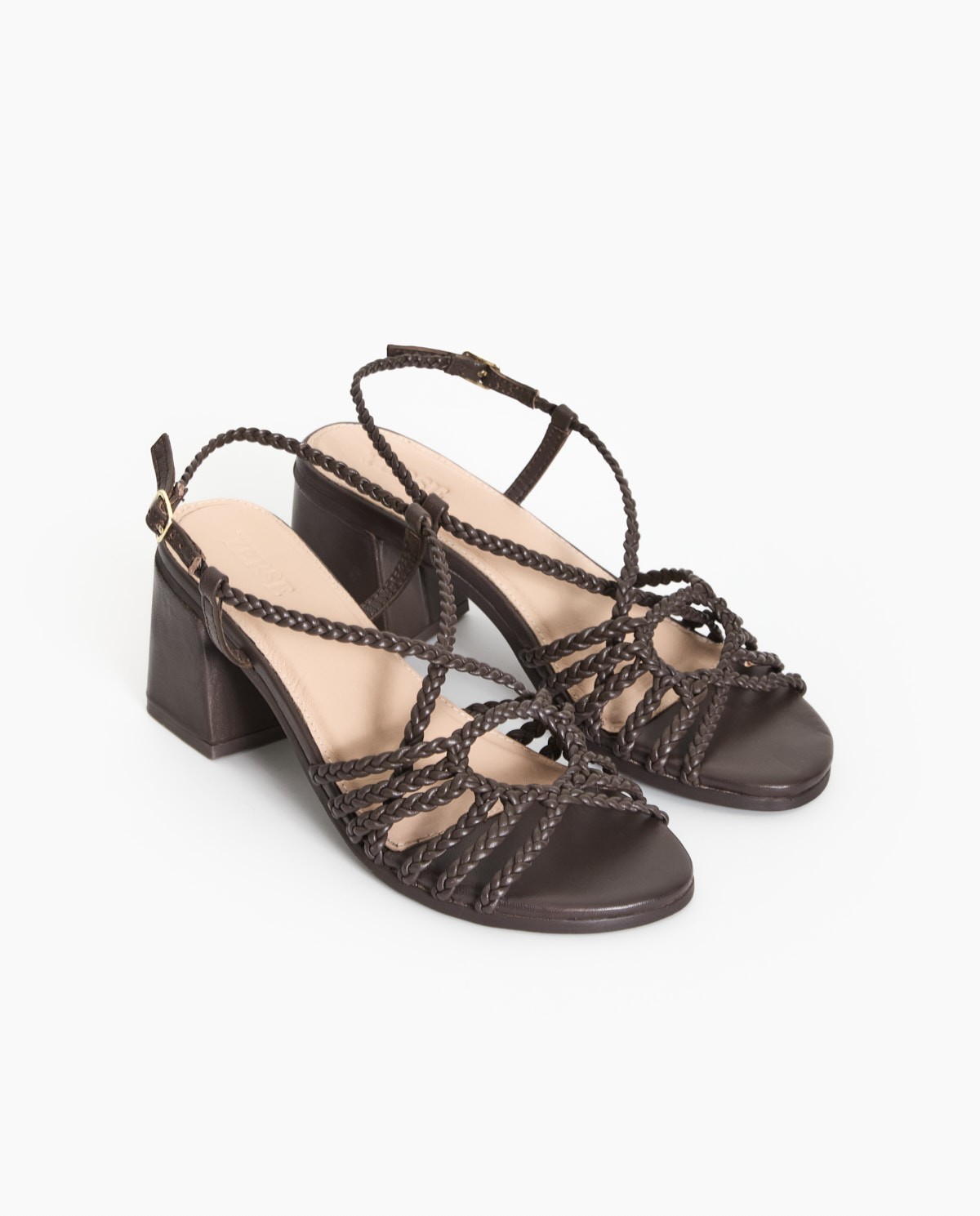 Sandalias tacón tiras trenzadas chocolate