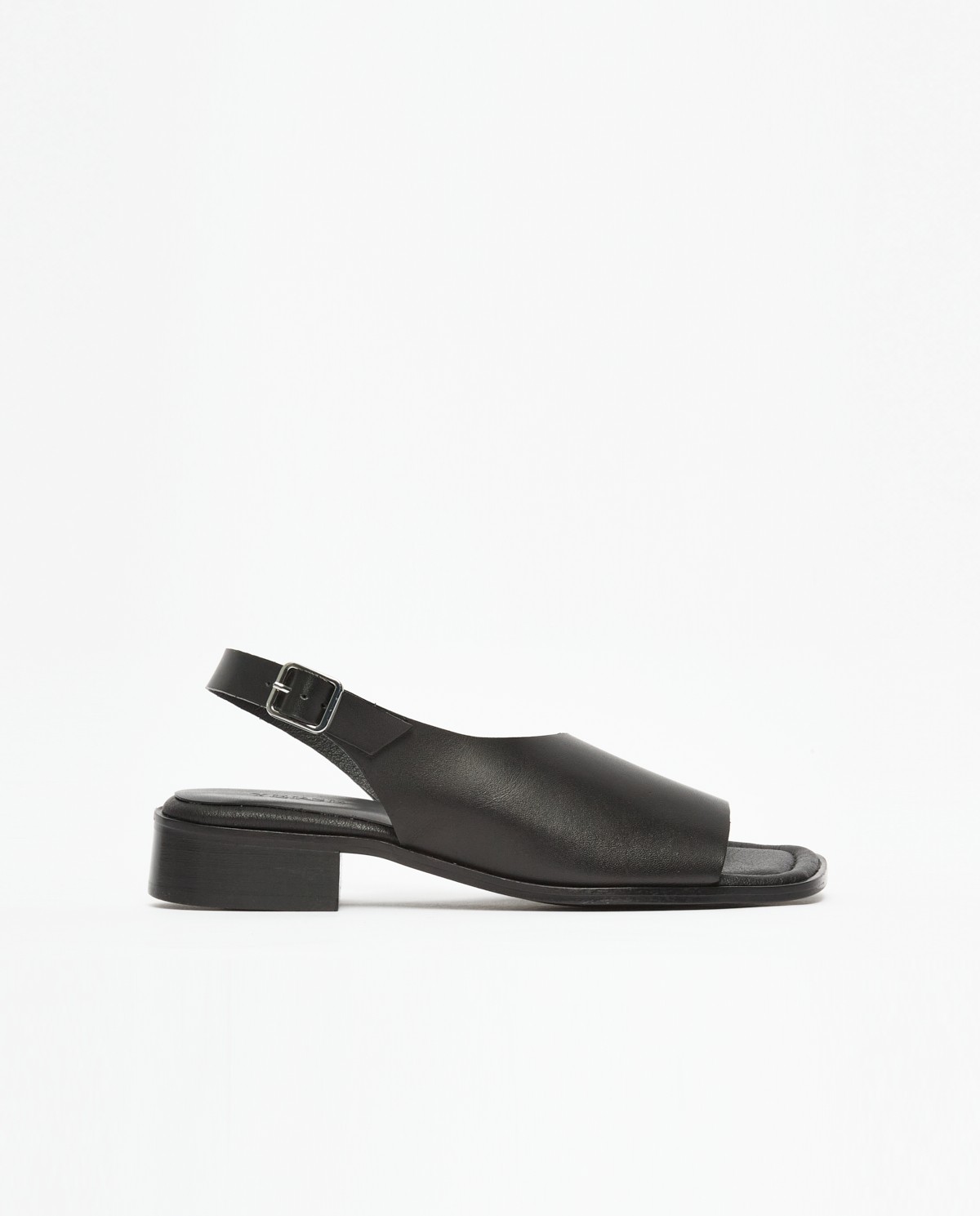 Black asymmetrical heeled sandals