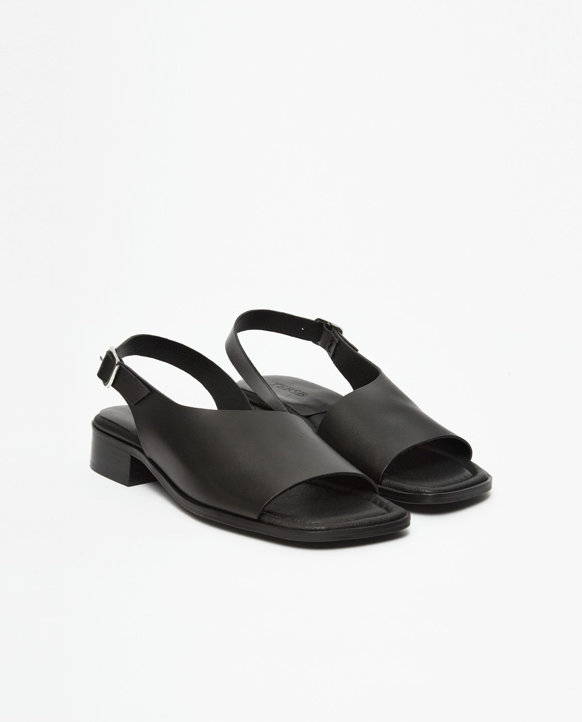 Black asymmetrical heeled sandals