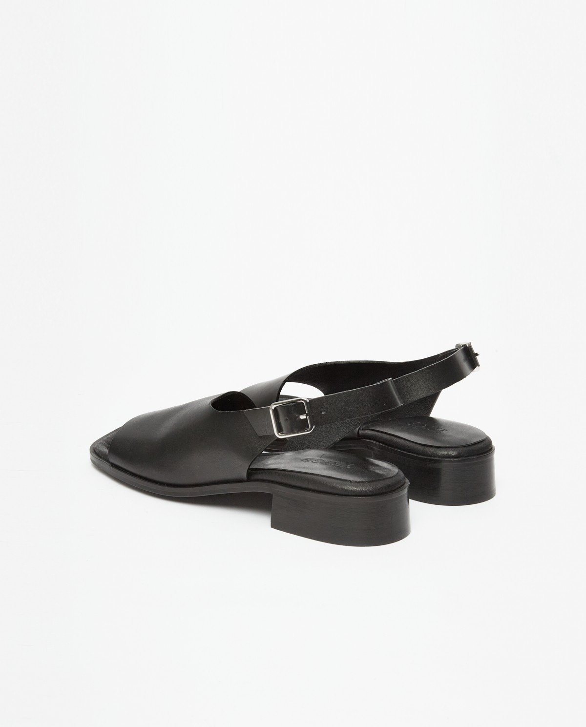 Black asymmetrical heeled sandals