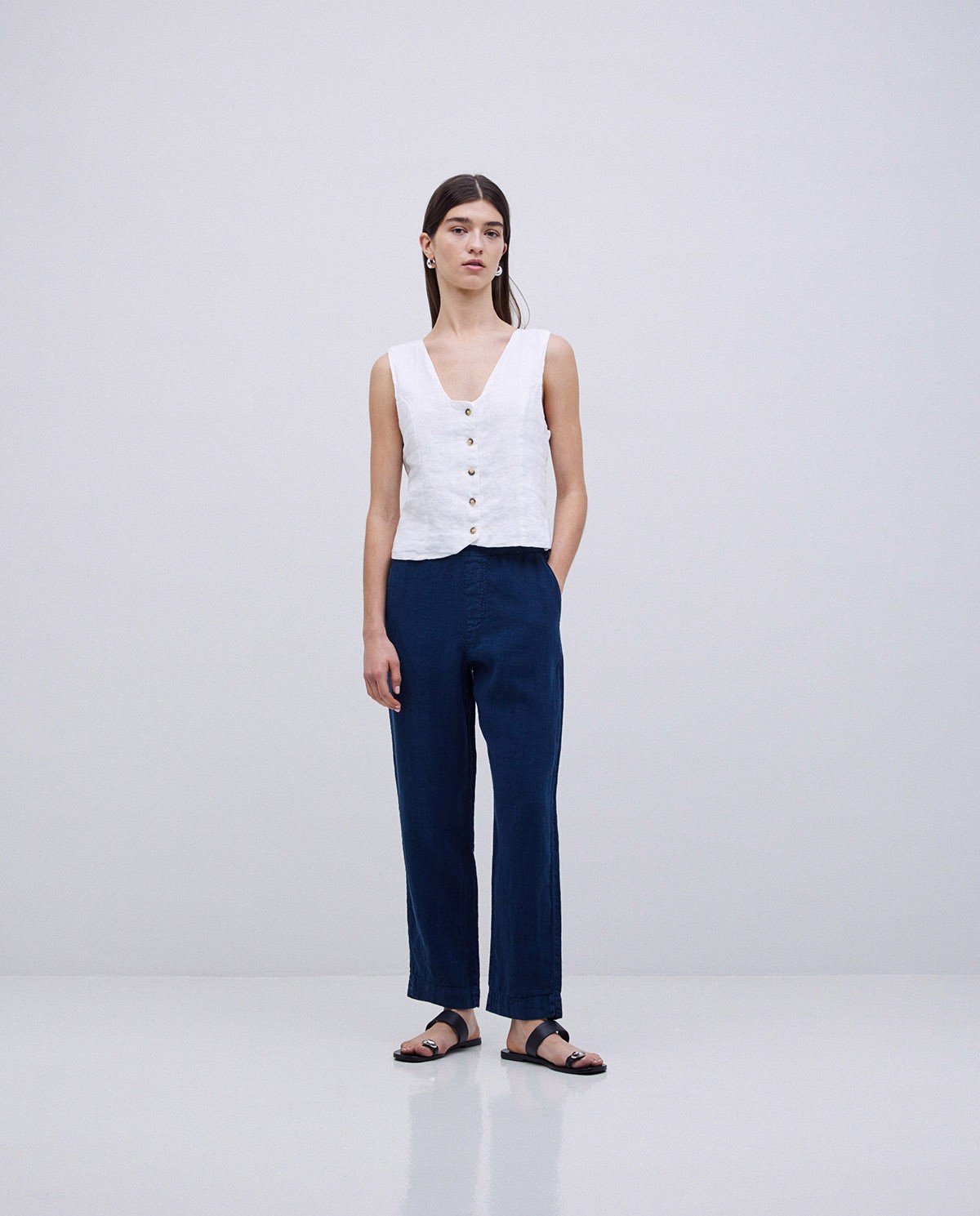 Pantalons rectes lli blau fosc 4