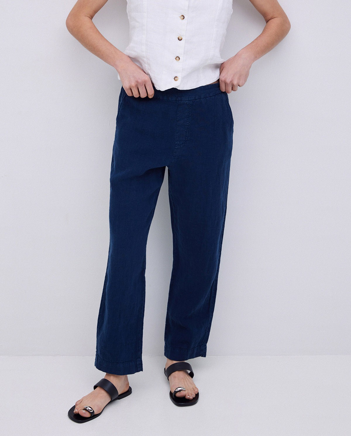 Pantalons rectes lli blau fosc 3