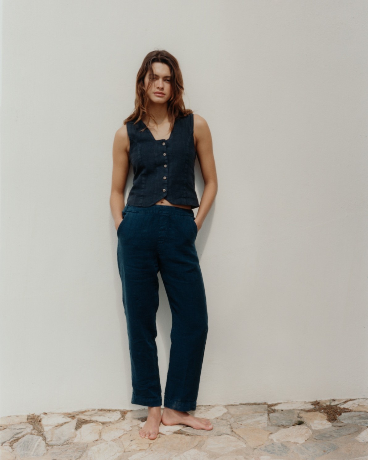 Pantalons rectes lli blau fosc