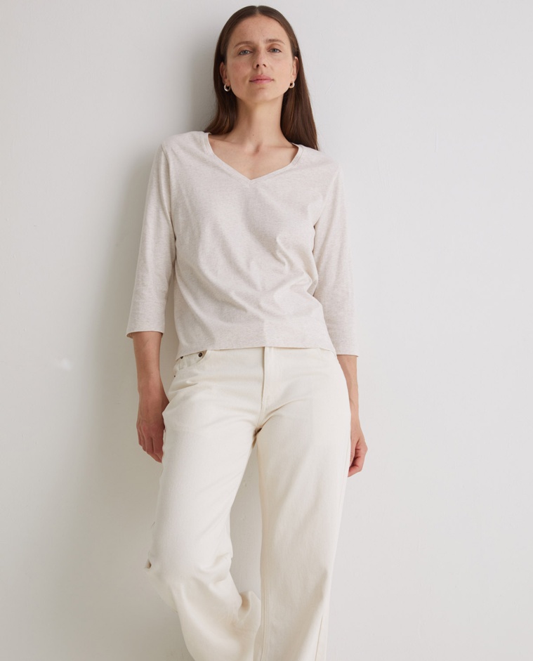 Ecru organic-cotton v-neck t-shirt woman Yerse - Front view