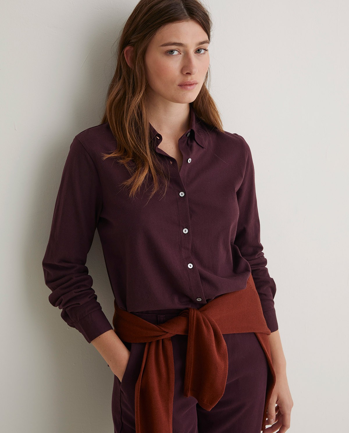 Chemise aubergine à manches longues 100 % coton - Chemise 100 % coton