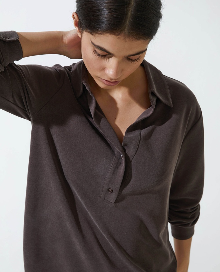 Chocolate knit polo collar shirt woman Yerse - Front view