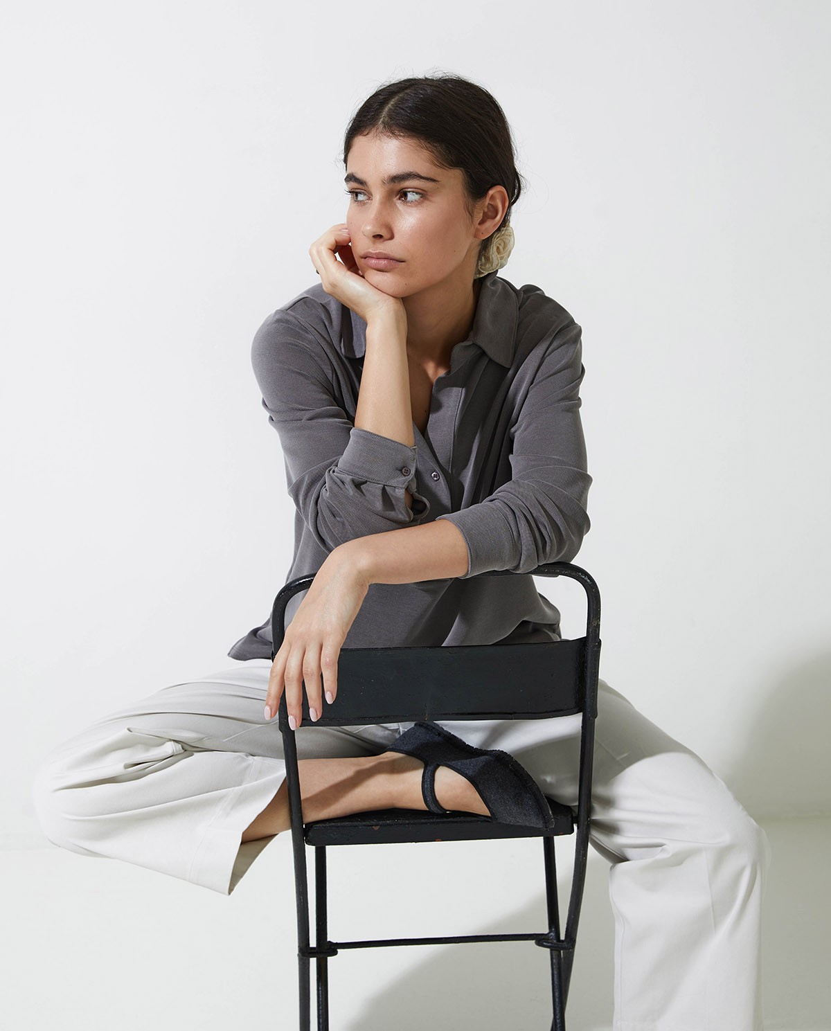 Anthracite knit polo collar shirt woman Yerse - Front view 1