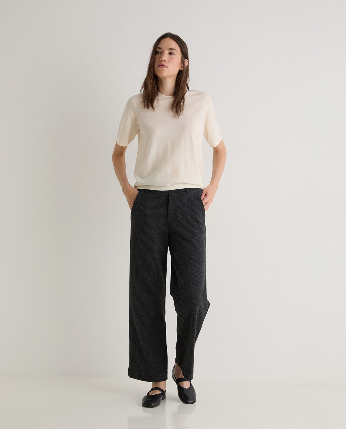 Black wide flannel trousers