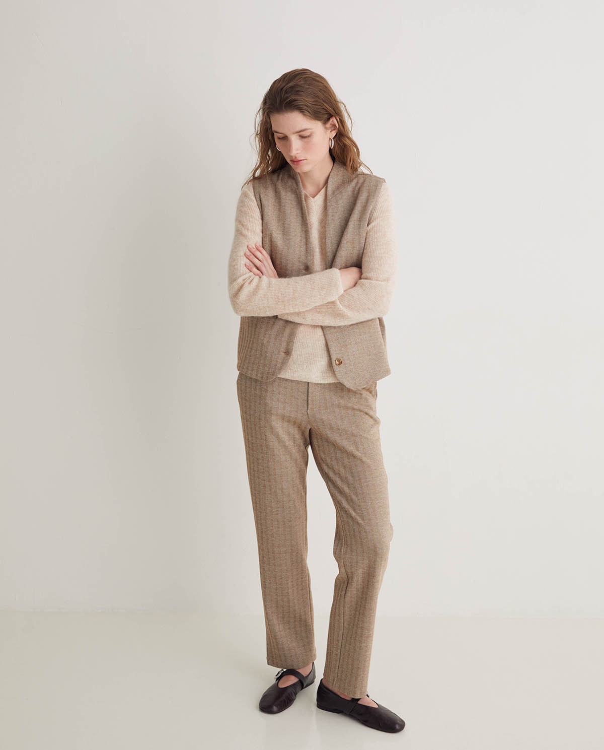 Pantalon camel à chevrons coupe régulière - Pantalon droit en maille