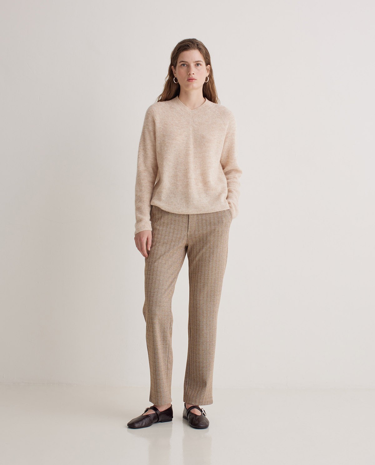 Pantalon camel à chevrons coupe régulière - Pantalon droit en maille 1
