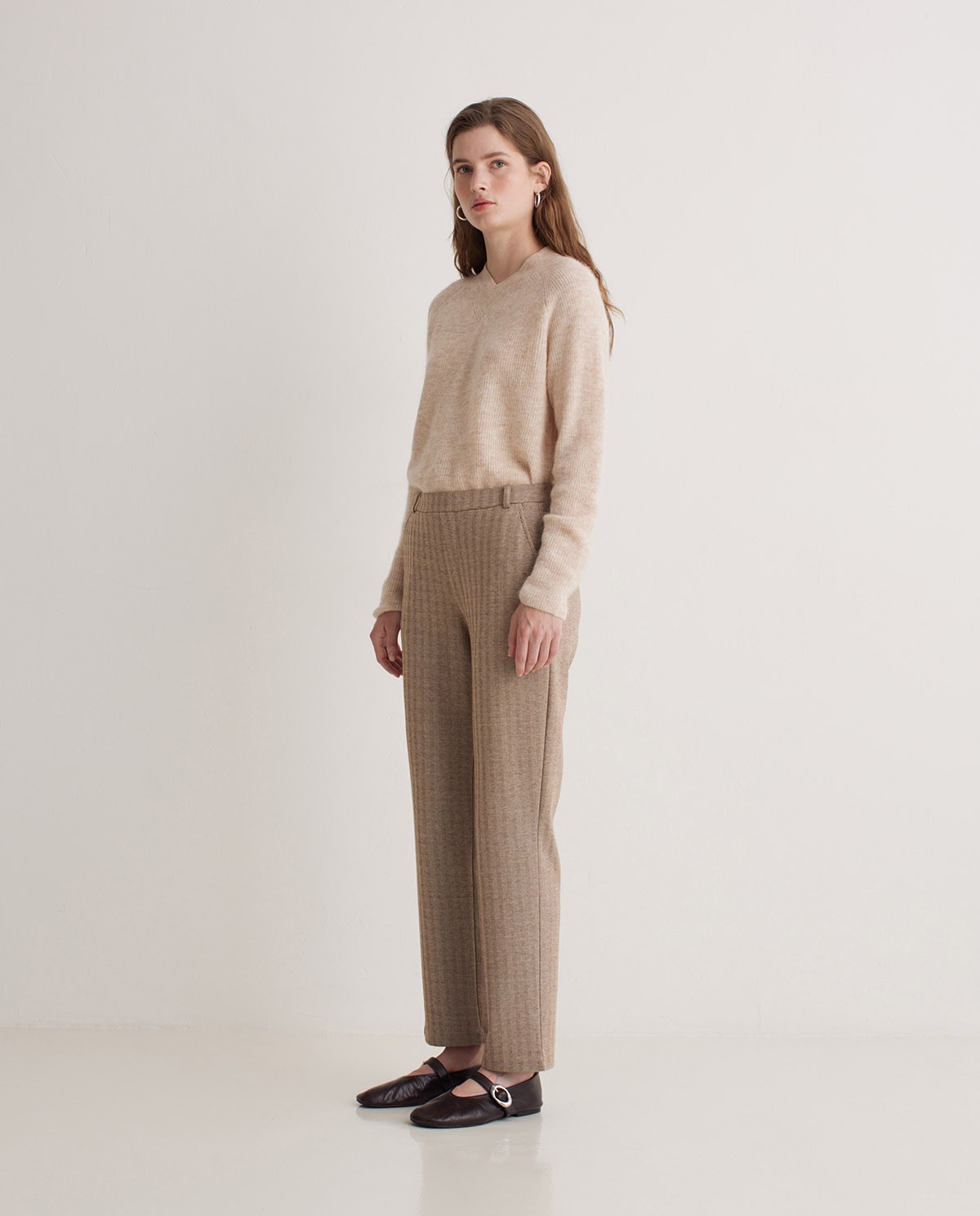 Pantalon camel à chevrons coupe régulière - Pantalon droit en maille 3