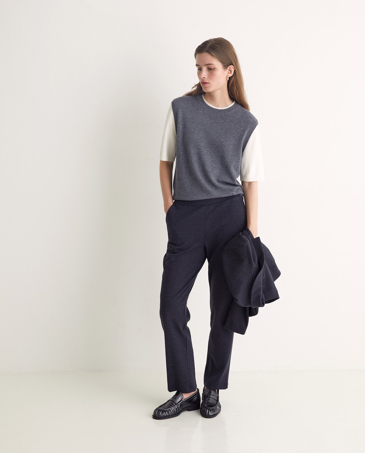 Pantalones regular fit Jacquard cuadros azul marino - Pantalones rectos Jacquard
