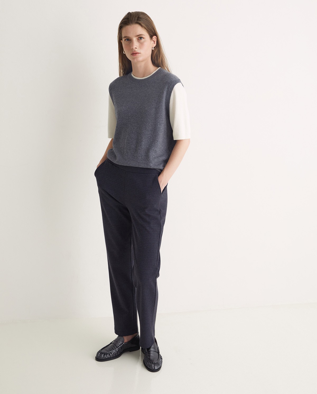 Pantalones regular fit Jacquard cuadros azul marino - Pantalones rectos Jacquard 2