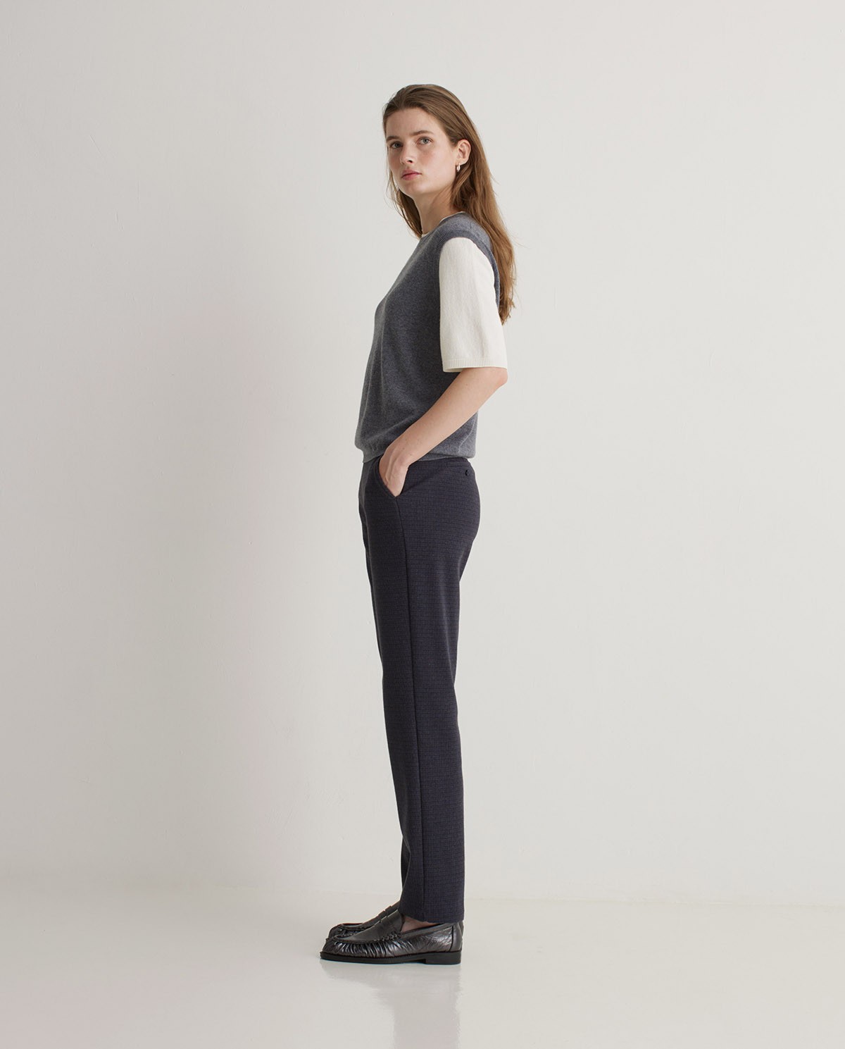 Pantalones regular fit Jacquard cuadros azul marino - Pantalones rectos Jacquard 4