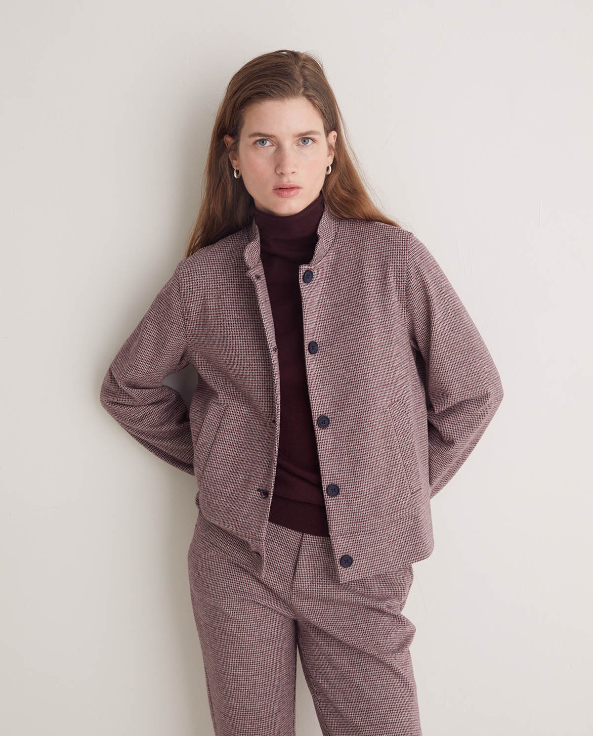 Chaqueta corta suave pata de gallo berenjena - Chaqueta corta mezcla de algodón 1