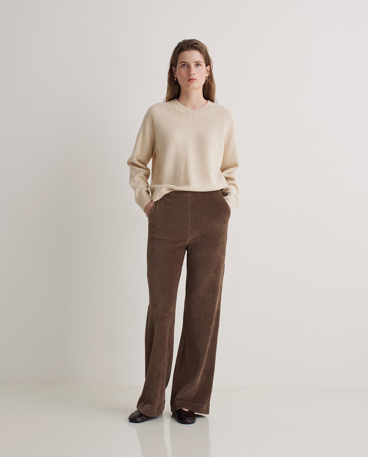 Taupe cotton blend corduroy wide leg pants - Knitted corduroy pants 1