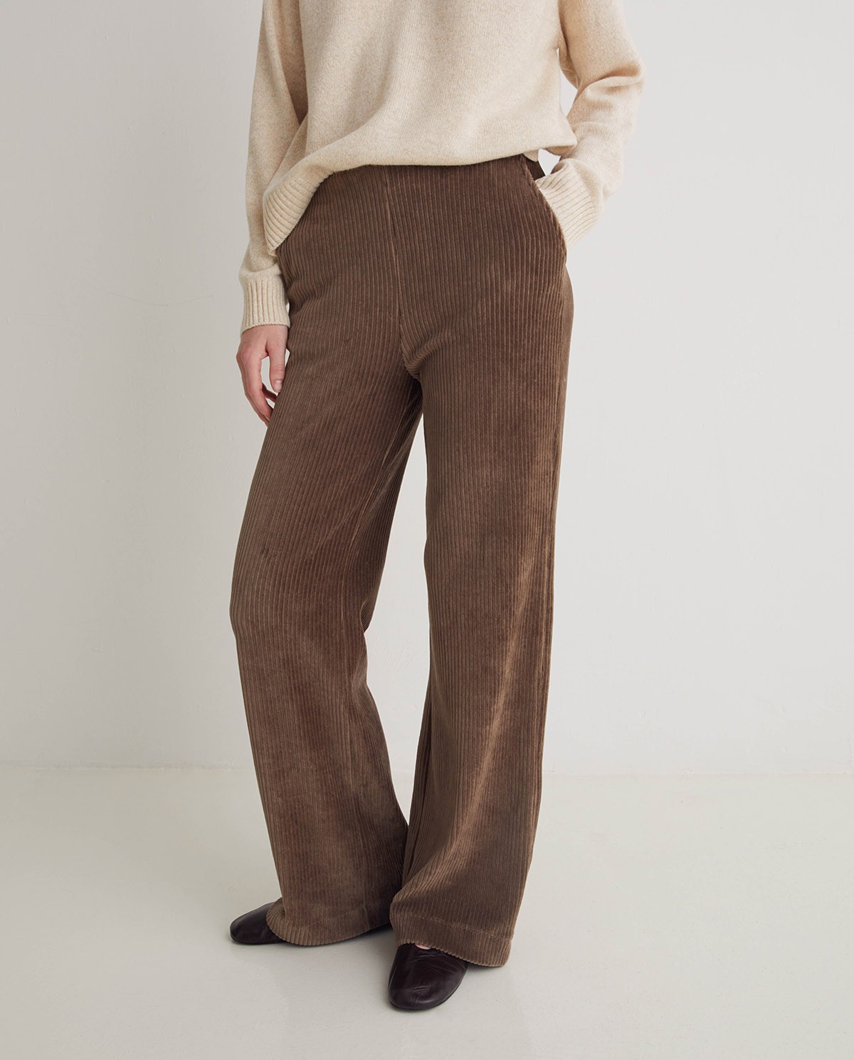 Taupe cotton blend corduroy wide leg pants - Knitted corduroy pants