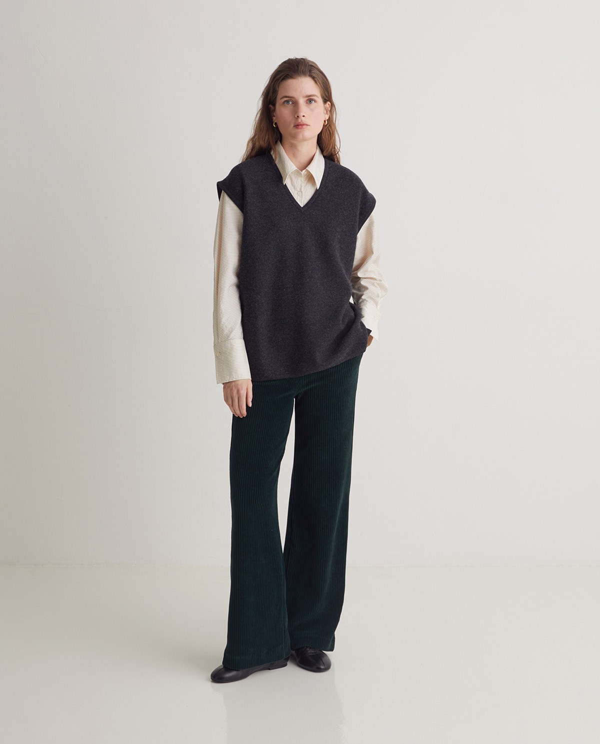 Dark green cotton blend wide leg corduroy pants - Knitted corduroy pants