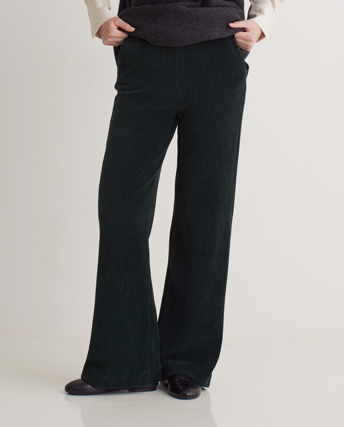 Dark green cotton blend wide leg corduroy pants - Knitted corduroy pants 1