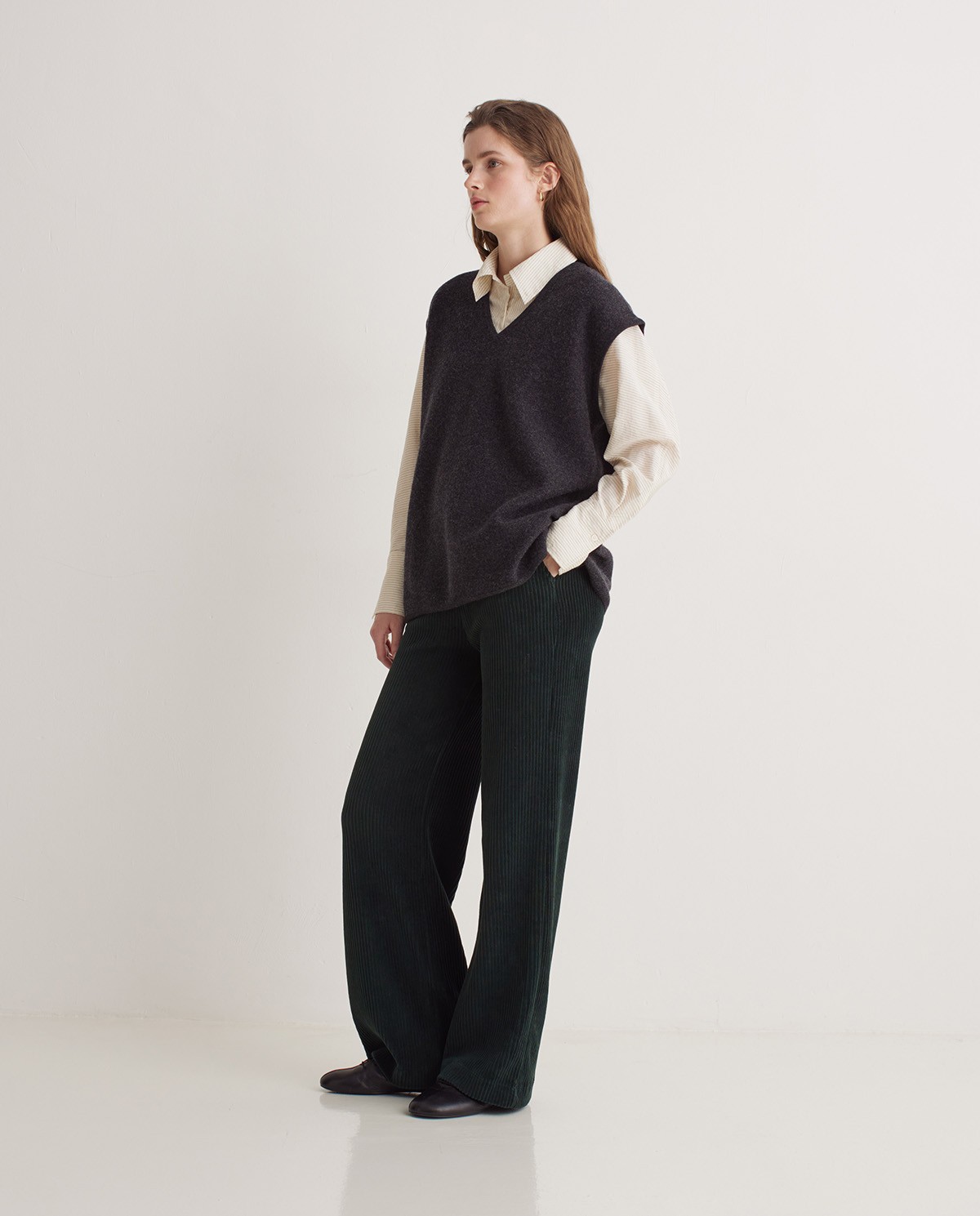 Dark green cotton blend wide leg corduroy pants - Knitted corduroy pants 2