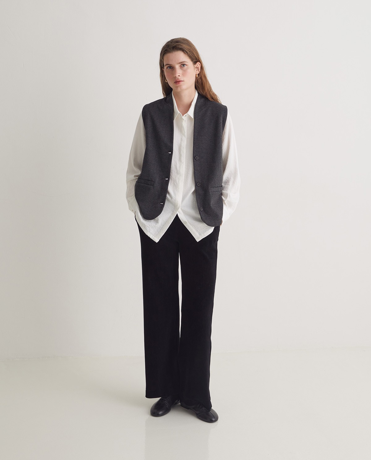 Black cotton blend wide leg corduroy pants - Knitted corduroy pants